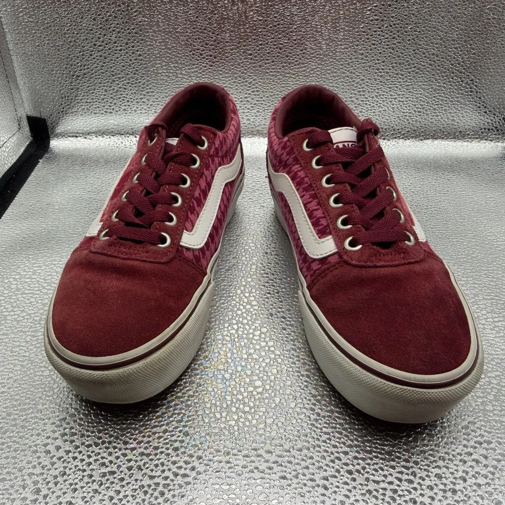 Size 7 Vans Ward Platform Plaid Mix Port Burgundy Suede Womens Sneakers 721356